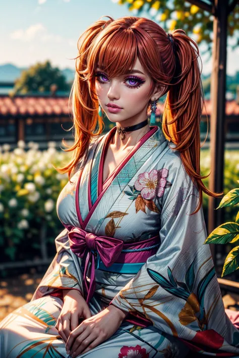 a woman with red hair sitting on a bench in a kimono