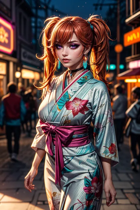 (ultra realistic,32k, masterpiece:1.2),(high detailed skin:1.1),( high quality:1.1),
<lora:TakanashiKiara:0.6>(furrowed brow:1.1),(eyeliner,long lashes, mascara:1.1),orange hair, magenta eyes,KiaraNewYear, long hair, twintails, hair flower, black choker, white furisode, floral print, aqua obi, pink capele, theme park,  roller coasters, immersive holographic attractions, mind-bending experiences (blurry background:1.2),(looking at viewer, portrait:1.1),, huge breast,large breast,<lora:add_detail:0.96>,full body, 
(neon light:1.1),