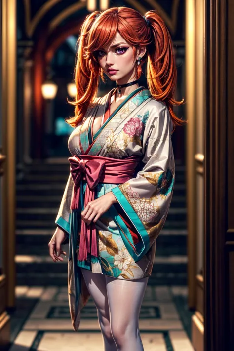 a woman in a kimono is standing in a hallway