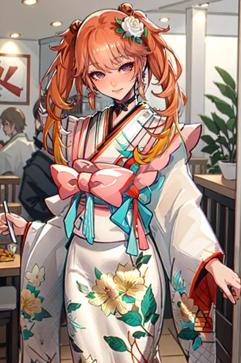 smile, indoors, restaurant, kfc,  <lora:TakanashiKiara:1> KiaraNewYear, long hair, twintails, hair flower, black choker, white furisode, floral print, aqua obi, pink capelet, <lora:ban!_locon_v2_5e4_32d_16c:1>, absurdres, ultra detailed, masterpiece, best quality, aesthetic, detailed,