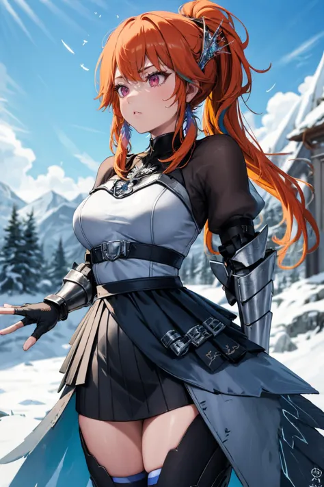 a woman in a long dress and a sword standing in the snow