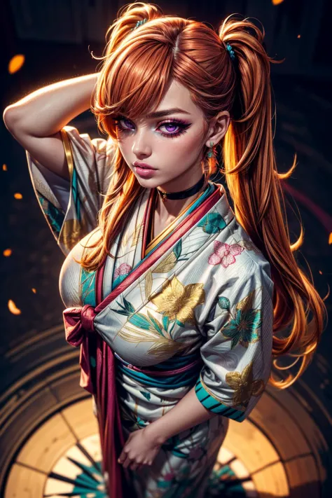 (ultra realistic,32k, masterpiece:1.2),(high detailed skin:1.1),( high quality:1.1),
<lora:TakanashiKiara:0.6>(pain:1.1),(eyeliner,long lashes, mascara:1.1),orange hair, magenta eyes,KiaraNewYear, long hair, twintails, hair flower,cleavage, black choker, white furisode, floral print, aqua obi, pink capele, (blank background:1.2) (blurry background:1.2),(looking at viewer, standing from above:1.1),, (huge breast,large breast:1.1),<lora:add_detail:0.92>,full body, 
(golden hour:1.1),