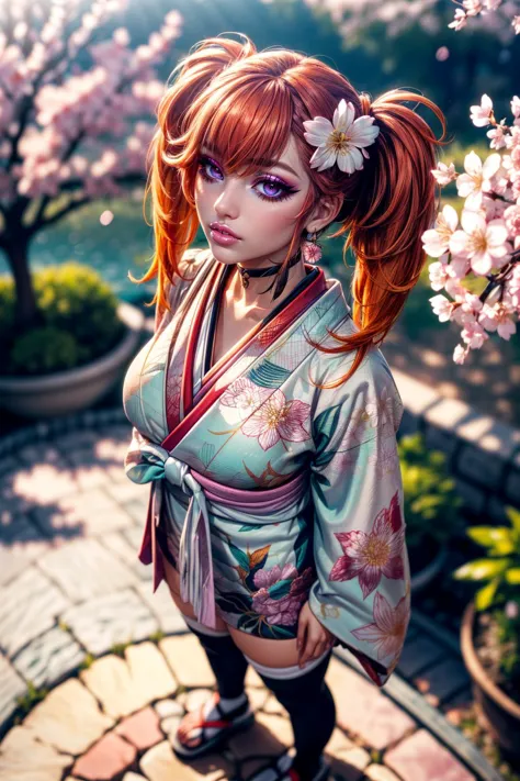 (ultra realistic,32k, masterpiece:1.2),(high detailed skin:1.1),( high quality:1.1),
<lora:TakanashiKiara:0.6>(crazy:1.1),(eyeliner,long lashes, mascara:1.1),orange hair, magenta eyes,KiaraNewYear, long hair, twintails, hair flower,cleavage black choker, white furisode,short furisode, thighhighs, straps, floral print, aqua obi, pink capele, japanese garden, flowers, cherry blossom trees, sunshine,  (blurry background:1.2),(looking at viewer, standing, from above:1.1),, (huge breast,large breast:1.1),<lora:add_detail:0.87>,full body, 
(neon pastel light:1.1),