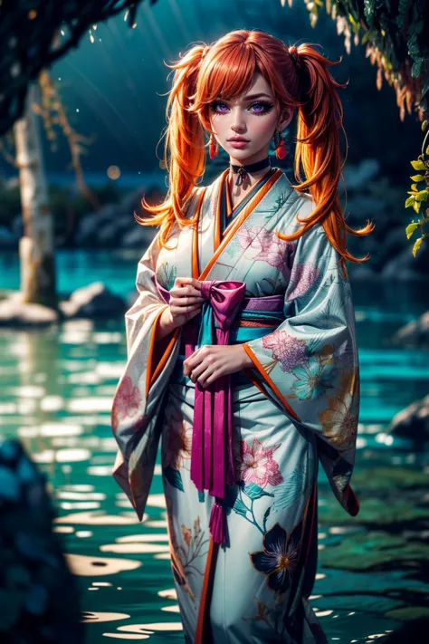 a woman in a kimono standing in the water with a pink bow