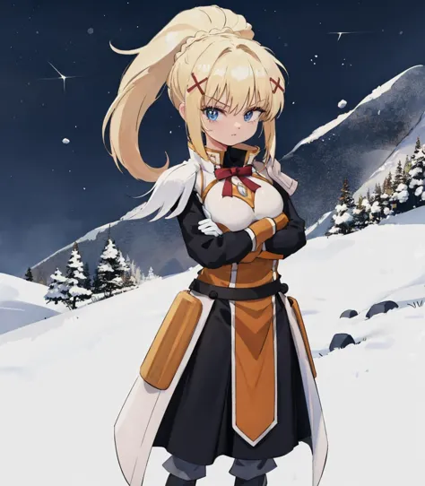 (beautiful, masterpiece, best quality, perfect lighting, detailed background), 1girl, long hair, blonde hair, x hair ornament, armor, blue eyes, ponytail, hair ornament, gloves, shoulder armor, braid, black gloves, pauldrons, white boots, darkness \(konosuba\), large breasts, darkness_(konosuba), (medieval, town background) looking at viewer, standing, crossed arms, bluetheboneaistyle, flat colors, 1990s \(style\) <lora:BluetheboneArtist-13:1.1>  <lora:darkness (konosuba)_v1:0.6>