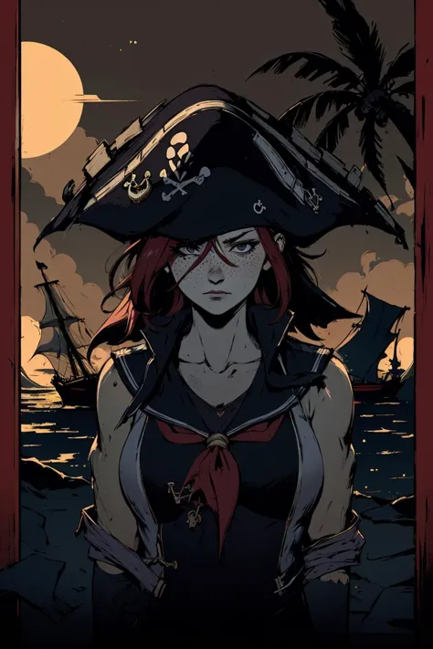 soothing tones, muted colors, high contrast, (hyperrealism, soft light, sharp),  1 girl, adult german woman, freckles, black eyes, ginger quiff hair, ombre,
Style-GravityMagic, focus on character, portrait, (battlescars:0.7), looking at viewer, solo,  half shot, detailed background, (piratepunkai, pirate theme:1.1), cursed sailor, brown skin,   privateer sailor uniform, pirate hat,  dark expression,  treasure map, coastal pirate town,  pier, docks,  camp,  palm trees,  peaceful,  pirate tents, pirate ship on shore,  sunrise, dark fantasy atmosphere,