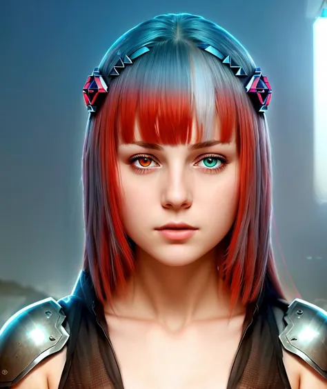 a woman with red hair and a headband with a sword