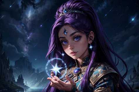 1girl,blushed face,close up photo of arianaG2,medium breast,detailed eyes,beautiful eyes,((looking to viewer)),detailed background,woman in fantasy medieval nature, gown resembling a night sky, dotted with stars, loose celestial waves hairstyle, deep purple hair color, tiara of meteorite fragments, clutching an astral compass, edge of an enchanted lake, stargazing pose, deep indigo eye color, awe-struck face expression, reflection of constellations and a floating island in background, (best quality:1.1),(masterpiece:1.4), (absurdres:1.0),ultra high res,8K,(cinematic light:1.1),(intricate details, hyperdetailed:1.15),(volumetric lighting:1.2),bright colors,(HDR:1),