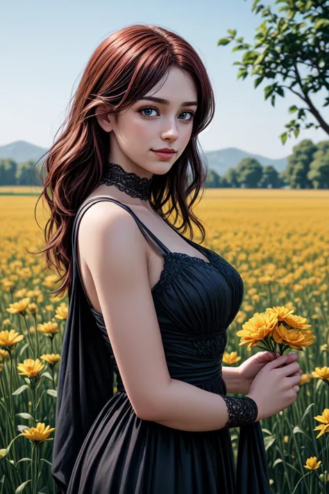 1 garota de tirar o fôlego em um vestido colhendo flores em um campo, ruiva, sorridente, textura da pele, manchas na pele, Altamente detalhado, pintura digital, estação de arte, arte conceitual, suave, foco nitído, ilustração, motor irreal 5, 8 mil, arte de artgerm e greg rutkowski e edgar maxence e alphonse mucha,  obra de arte, premiado, profissional, Altamente detalhado, 