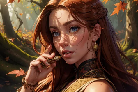 1girl,blushed face,close up photo of nicani,medium breast,detailed eyes,beautiful eyes,((looking to viewer)),detailed background,woman in fantasy medieval nature, garment of autumn leaves, vibrant and rustling, twisted vine hairstyle, auburn hair color, bracelet of acorns, holding a carved wooden flute, deep forest clearing, playing music, hazel eye color, joyful face expression, animals gathering and autumn leaves swirling in background, (best quality:1.1),(masterpiece:1.4), (absurdres:1.0),ultra high res,8K,(cinematic light:1.1),(intricate details, hyperdetailed:1.15),(volumetric lighting:1.2),bright colors,(HDR:1),