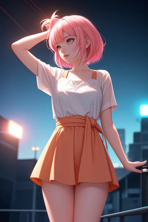 1 chica, De cerca, Ilia Kuvshinov illustration of a cute young girl with pink hair and bangs in her hair wearing a yellow low cut blouse and blue short shorts, por Makoto Shinkai, Ilia Kuvshinov, James Gillard, Atey Ghailan, Lois van Baarle, rossdraws, basquiat, Sam Yang. tendencia en artstation, pixiv, arte digital, anime obra maestra, iluminación dinámica, hermosa estetica, 4k, premiado, alta definición, (obra maestra, mejor calidad, absurdos, detallado, ultra-detallado:1.3), 