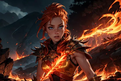 1girl,blushed face,close up photo of S102_MadiCollins,medium breast,detailed eyes,beautiful eyes,((looking to viewer)),detailed background,woman in fantasy medieval nature, phoenix feather cloak, red and gold bodice, high flame-like spikes hairstyle, bright orange hair color, golden armbands, fiery orb in hand, volcanic landscape, standing on a lava flow, ember eye color, fierce face expression, plumes of smoke and molten rivers in background, (best quality:1.1),(masterpiece:1.4), (absurdres:1.0),ultra high res,8K,(cinematic light:1.1),(intricate details, hyperdetailed:1.15),(volumetric lighting:1.2),bright colors,(HDR:1),