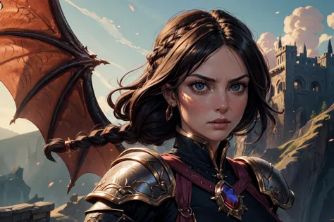 1girl,blushed face,close up photo of EPC4r0lV0rd3rm4n,medium breast,detailed eyes,beautiful eyes,((looking to viewer)),detailed background,woman in fantasy medieval nature, enchanted armor with dragon scale details, crimson and gold, warrior braid hairstyle, raven black hair color, ruby encrusted sword, dragon wing shoulder pauldrons, atop a cliff, overlooking a dragon's lair, fierce pose, steel gray eye color, intense face expression, smoldering volcanoes and flying dragons in background, (best quality:1.1),(masterpiece:1.4), (absurdres:1.0),ultra high res,8K,(cinematic light:1.1),(intricate details, hyperdetailed:1.15),(volumetric lighting:1.2),bright colors,(HDR:1),