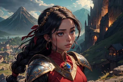 1girl,blushed face,close up photo of EPCh344ndr34,medium breast,detailed eyes,beautiful eyes,((looking to viewer)),detailed background,woman in fantasy medieval nature, enchanted armor with dragon scale details, crimson and gold, warrior braid hairstyle, raven black hair color, ruby encrusted sword, dragon wing shoulder pauldrons, atop a cliff, overlooking a dragon's lair, fierce pose, steel gray eye color, intense face expression, smoldering volcanoes and flying dragons in background, (best quality:1.1),(masterpiece:1.4), (absurdres:1.0),ultra high res,8K,(cinematic light:1.1),(intricate details, hyperdetailed:1.15),(volumetric lighting:1.2),bright colors,(HDR:1),