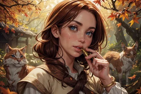 1girl,blushed face,close up photo of n1kk1b3nz,medium breast,detailed eyes,beautiful eyes,((looking to viewer)),detailed background,woman in fantasy medieval nature, garment of autumn leaves, vibrant and rustling, twisted vine hairstyle, auburn hair color, bracelet of acorns, holding a carved wooden flute, deep forest clearing, playing music, hazel eye color, joyful face expression, animals gathering and autumn leaves swirling in background, (best quality:1.1),(masterpiece:1.4), (absurdres:1.0),ultra high res,8K,(cinematic light:1.1),(intricate details, hyperdetailed:1.15),(volumetric lighting:1.2),bright colors,(HDR:1),