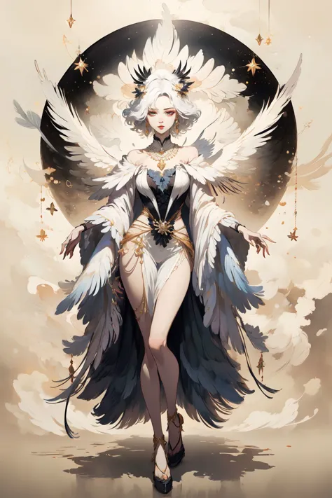 a woman with white hair and wings is standing in front of a moon