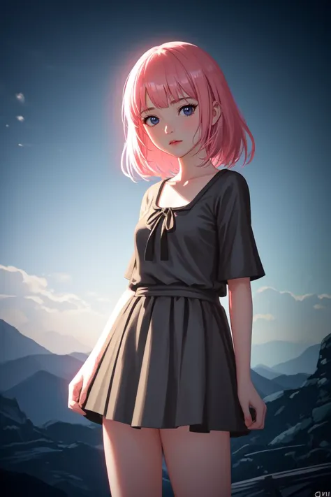 a woman with pink hair standing on a mountain top