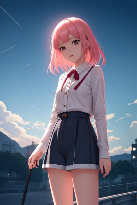 1girl,  close-up,  ilya kuvshinov illustration of a cute young girl with pink hair and bangs in her hair, yellow blouse, blue short shorts, by makoto shinkai, ilya kuvshinov, james gilleard, atey ghailan, lois van baarle, rossdraws, basquiat, sam yang. trending on artstation, pixiv, digital art, anime masterpiece, dynamic lighting, beautiful aesthetic, 4k, award winning, hd,  <lora:Mild detail adjusterV10:0.2>, <lora:lcm-lora-sdv1-5:0.7>