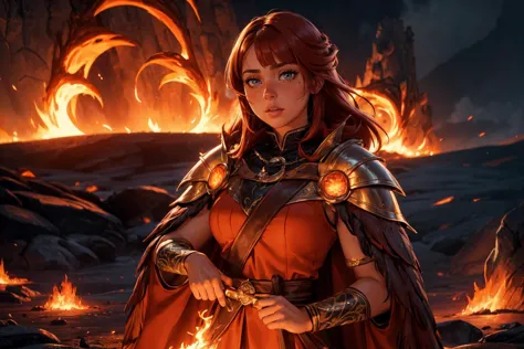 a woman in a red dress holding a sword in front of a fire