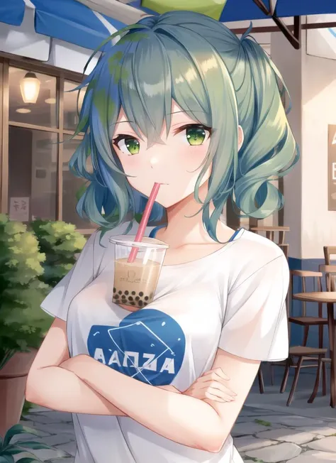 anime girl with green hair drinking a drink outside a cafe