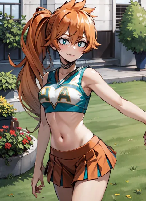 ((best quality)), ((highly detailed)), masterpiece, absurdres, (detailed eyes, deep eyes), (1girl), close-up, upper body, <lora:ItsukaHS1-Moka19:.8>, ItsukaHS1, orange hair, long hair, bangs, hair between eyes, side ponytail, teal eyes, medium breasts, smiling, <lora:UACheerleader:1>, U.A. CheerUniform, orange crop top, orange skirt, pom pom \(cheerleading\)}, (outside, at a garden, midday, storm)