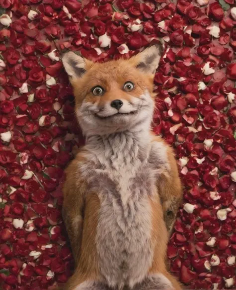american beauty movie poster reenact by a fox, failing rose pedals, seductive, cinematic, perfect composition, looking sideways,...