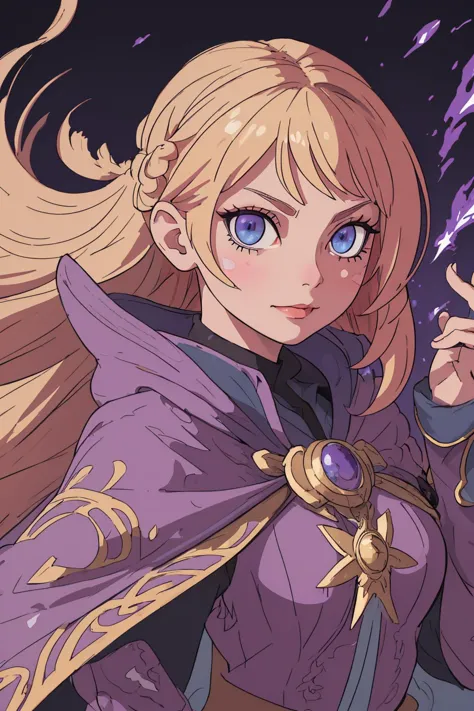 masterpiece, high quality, 2d art, intricate details, strong outlines,
1 girl, adult ukrainian woman,  blue eyes, natural blonde dutch braid, 
 portrait, solo, upper body, detailed background, detailed face, (renaissance theme:1.1), malicious smirk,  (card-wizard:1.05),  purple magician outfit, dynamic pose, (0.5::dice floating in the air:1.15), glowing magical symbols, dark red magic sparks in background, wind blowing, ethereal atmosphere,