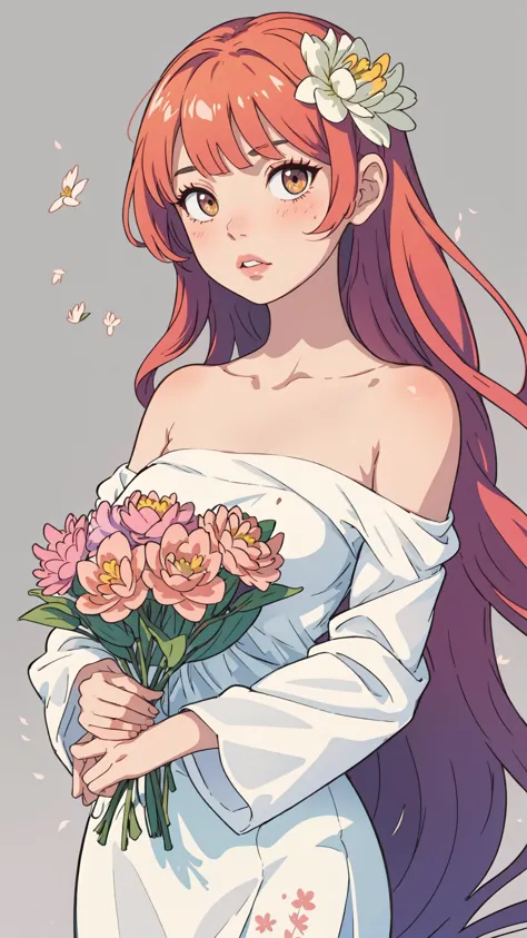 1girl, bangs, bare shoulders, bouquet, branch, camellia, daisy, floral print, flower, gradient, gradient background, grey background, hair flower, hair ornament, holding, holding bouquet, lily \(flower\), long hair, long sleeves, looking at viewer, lotus, orange flower, parted lips, pink flower, solo, very long hair, white flower