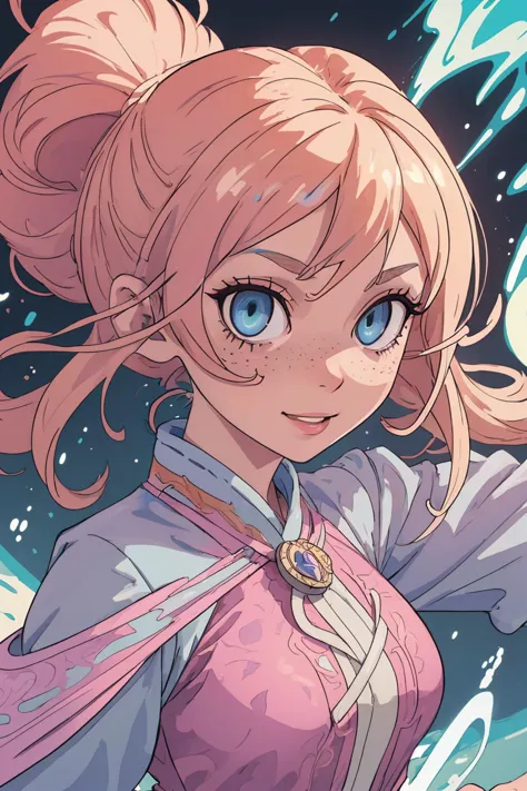 a close up of a anime girl with blue eyes and a pink dress