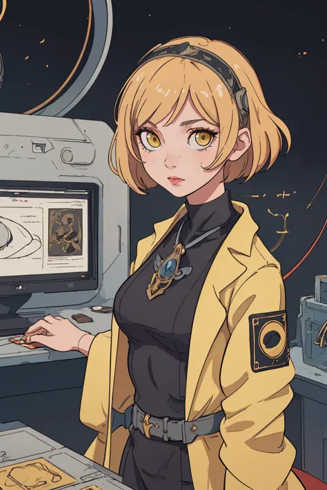 masterpiece, high quality, 2d art, intricate details, strong outlines,
1 girl, adult german woman, freckles, yellow eyes, dark blonde short hair, 
 looking at viewer, solo, half shot, detailed background, detailed face, (1920s art deco theme:1.1), scientist, safety-goggles, lab coat, technology, advanced technology, fantastical science lab in background, computers,   robotics, solder,  microchips, blackboard,  flashing lights,