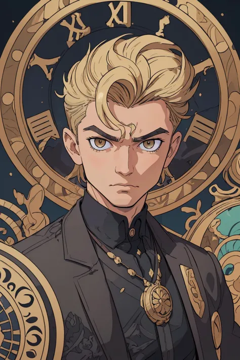 masterpiece, high quality, 2d art, intricate details, strong outlines,
(1man, muscular adult european male:1.2),  jade eyes, blonde hair, quiff, 
(style-swirlmagic:0.8), portrait, solo, upper body, looking down, detailed background, detailed face, (victorian theme:1.1) glowing eyes, (timeless wanderer:1.1), eternity, mesmerizing,  circular patterns,  clockwork, clock gears, sands of time,  dynamic pose,  desert dunes in background, epic atmosphere,