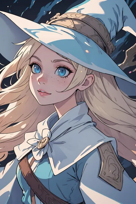 masterpiece, high quality, 2d art, intricate details, strong outlines,
1 girl, adult (elven:0.7) woman, freckles, hazel eyes, platinum blonde sleek hair, 
 portrait, looking down, solo, half shot, detailed background,  light smile, witch hat, witch, magical atmosphere, hair flowing in the wind, blue trimmed light colored clothes,  colorful  swirling  streams in the air,  dark magic,  floating particles, rustic forest hut background, updraft, backlighting, dim light,