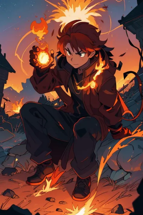 1boy, autumn, autumn leaves, blue fire, breathing fire, burning, burnt clothes, campfire, candle, candlelight, charizard, charmander, city, cooking, demon, demon boy, demon horns, destruction, dusk, electricity, embers, endeavor \(boku no hero academia\), explosion, fiery hair, fiery wings, fire, fireplace, firing, flame, flaming eye, flaming sword, flaming weapon, gloves, glowing, horns, lighter, magic, male focus, molten rock, muzzle flash, night, orange sky, purple fire, pyrokinesis, red sky, ruins, smoke, solo, sparks, sunset, tail-tip fire, torch, twilight, volcano, masterpiece, absurdres, highly detailed, best quality, intense view,