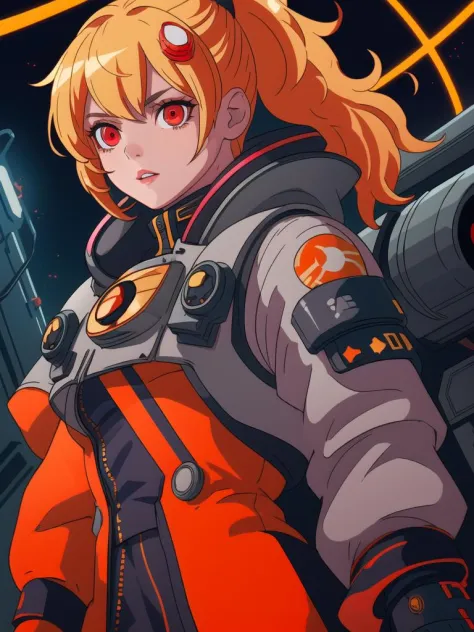 A girl with blond hair, intense golden red eyes, wearing Cyberpunk clothes, space helm cover her face uniform with her arms made...