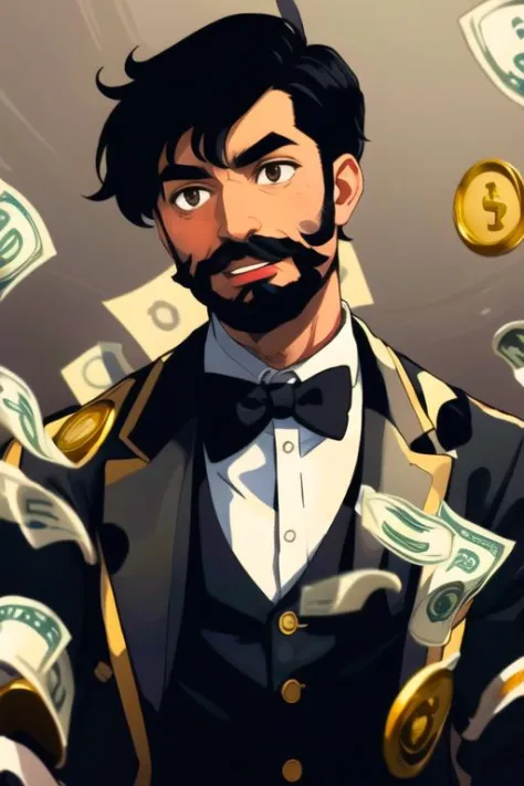 1boy, beard, black bowtie, black hair, bowtie, brown eyes, buttons, facial hair, formal, jacket, male focus, mustache, open mout...