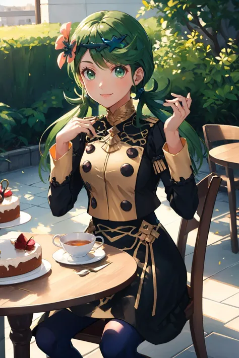 masterpiece, best quality, <lora:mallow-nvwls-v1-000008:0.9> defmallow, twintails, green hair, hair flower, hair ornament  <lora:gmuniform-nvwls-v1:1> gmuniform, garden, sitting, table, chair, cake, looking at viewer, tea, smile, sitting across table, dark skin