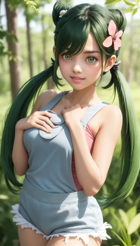 a woman with green hair and a pink top posing in a field