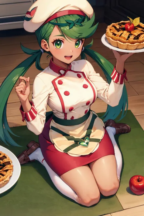 masterpiece, best quality, <lora:mallow-nvwls-v1-000008:1> palmallow, green hair, twintails, beret, chef's uniform, white shirt, long sleeves, apron, red skirt, white socks, loafers, medium breasts, seiza, looking at viewer, :D, from above, apple pie, pie, dark skin