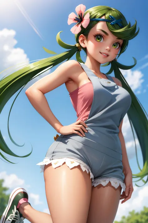 masterpiece, best quality, defmallow, twintails, hair flower, hair ornament, grey overalls, pink shirt, sleeveless, grey shorts, medium breasts, from above, smile, hands to hips, green sneakers, smile, from below, dark skin