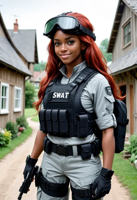 (medium full shot) of (resilient swat officer) young woman, lithe build, extra long red hair, black american, dark skin, black e...