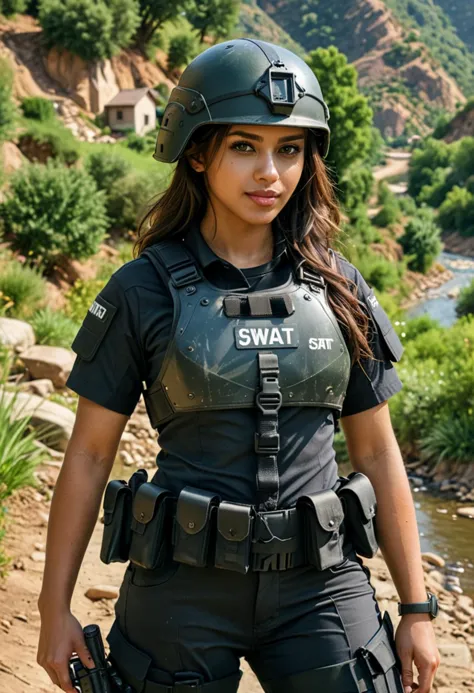 (medium full shot) of (alert swat officer) young woman, tiny build, long dark hair, arabian, caramel skin, dark green eyes, wear...