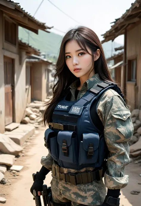 (medium full shot) of (formidable swat officer) young woman, voluptuous build, extra long dark hair, korean, fair skin, brown ey...