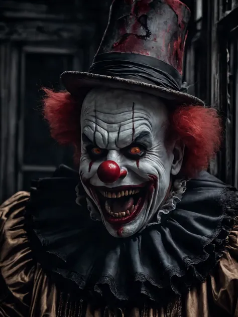 horror-themed cinematic photo breathtaking an old clown, detailed eyes, horror, blood, smile, ghost maniacal laughter monster, masterpiece, award-winning, professional, highly detailed, 35mm photograph, film, professional, 4k, highly detailed, eerie, unsettling, dark, spooky, suspenseful, grim, highly detailed