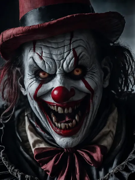 horror-themed cinematic photo breathtaking an old clown, <lora:PAseer-SDXL-HorribleFace:0.8> horror, blood, smile, ghost <lora:m...