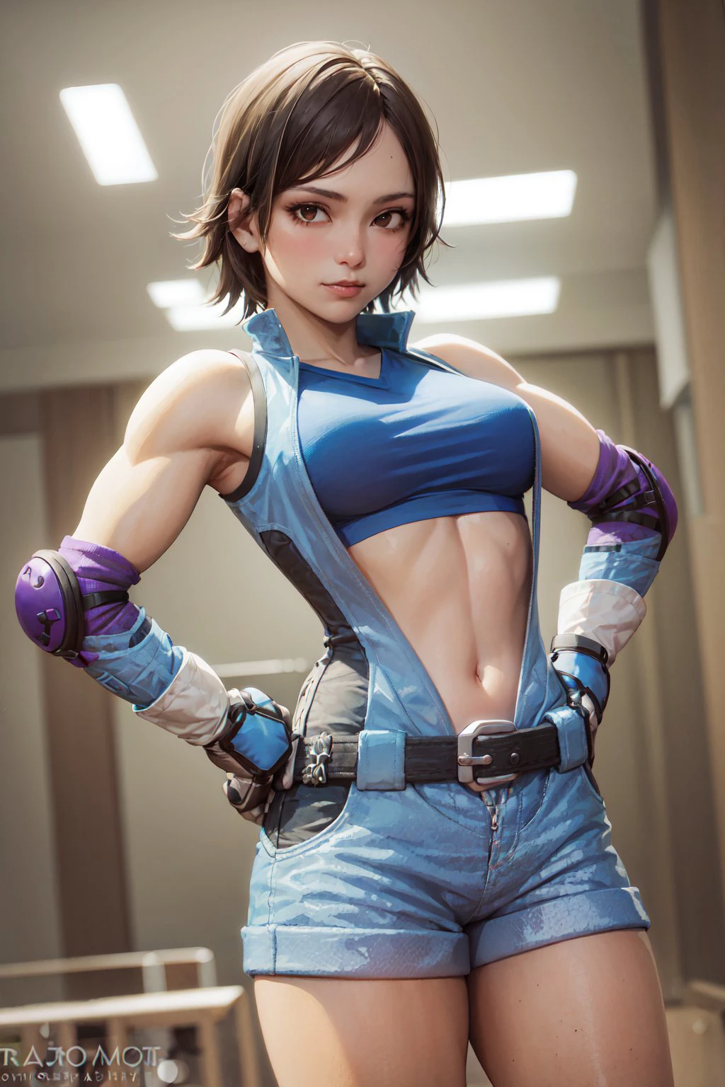 (masterpiece, best quality:1.2), cowboy shot, solo, 1girl, kazama asuka, muscular female, slight smile, looking at viewer, hand on hip, taut clothes, sports bra, crop top, shorts, (gloves:1.1), belt, elbow pads, midriff