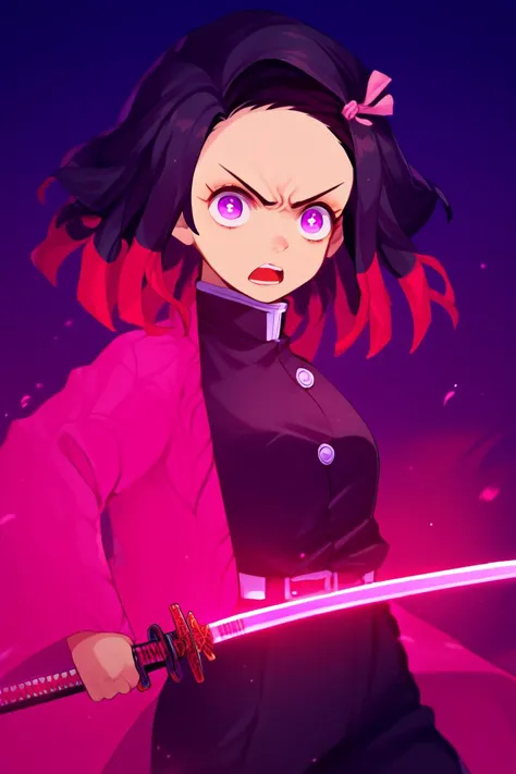 score_9, score_8_up, score_7_up, score_6_up, score_5_up, score_4_up, source_anime,  nezukorps, 1girl, solo,close up,slashing,fighting stance,black hair, medium hair,purple eyes,white pupils,small breasts,(pink haori),pink coat, demon slayer uniform, black jacket, black pants,(pink flaming katana,fire,holding katana, flames),two-tone hair,pink hair ribbon,frown, open mouth, open mouth, dark background, night,asa no ha \(pattern\), (from side:0.8)  <lora:NezukorpsXL_v1:1>