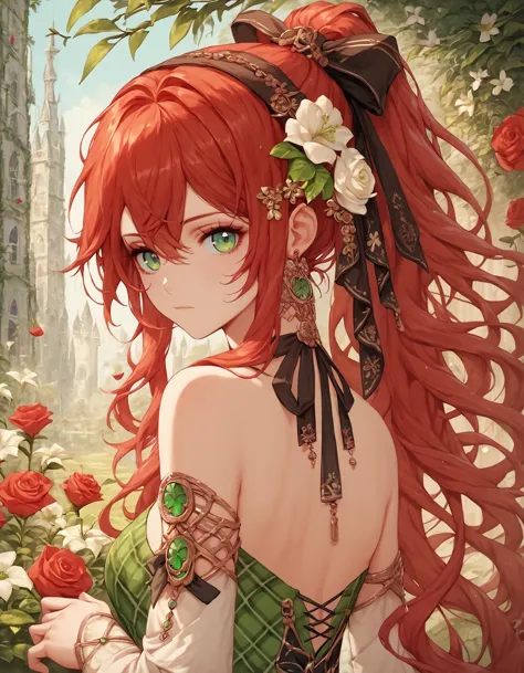 score_9, score_8_up, score_7_up, score_6_up, score_5_up, score_4_up, 1girl, solo, red hair, irish, long hair, looking at viewer, hair ornament, green eyes, dress, ribbon, hair between eyes, bare shoulders, jewelry, closed mouth, hair ribbon, upper body, ponytail, flower, sidelocks, hairband, earrings, detached sleeves, looking back, hair flower, rose, plaid dress, black ribbon, white flower, outdoors, Ireland, cottagecore, red flower, crossed bangs, four leaf clover, celtic theme