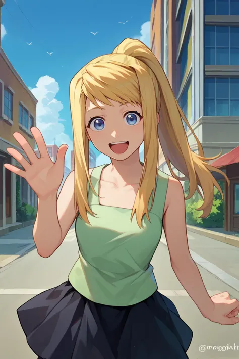 anime girl in green top waving in the street