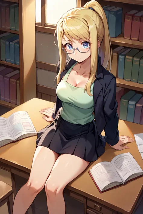 anime girl sitting at a desk with a book and glasses