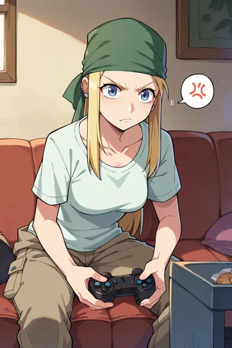 score_9, score_8_up, score_7_up, score_6_up, source_anime BREAK 1girl,  <lora:winry-pdxl-nvwls-v1-000006:1> winry rockbell, blonde hair, earrings, green bandana, white t-shirt, cargo shorts, couch, sitting, holding game controller, serious, leaning forward, spoken anger vein